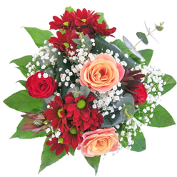 This dazzling bouquet draws you in with its interplay of rich colour and elegant form. Bold, velvety roses and deep red chrysanthemums set a passionate tone, while soft apricot-cream roses bring a calming warmth. Sprays of delicate white gypsophila are woven between the blooms, their airy clusters reminiscent of morning mist rising over Mitcham's Garden Village or fleeting moments of spring along the River Wandle. The entire arrangement rests in a crystal-clear vase, its stems visible beneath the water, lending a sense of transparency and honesty. Vivid green leaves circle the base, catching specks of sunlight and lending fresh vitality-almost as if the bouquet absorbed the light from Mitcham's welcoming community spaces. There's a harmony here, in the blending of textures: the sumptuous petals, crisp greenery, and feathery gypsophila, all artfully balanced by a florist who understands both technique and tenderness. This bouquet is a testament to meaningful connection, perfect for celebrating new beginnings, anniversaries, or adorning local homes with beauty and sentiment. Each stem speaks to the care and pride poured in by Mitcham Florist, making it a true showcase of floristry expertise rooted in SW London.